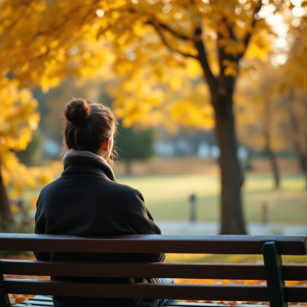 A woman sitting alone on a park bench under autumn trees, seen from behind
