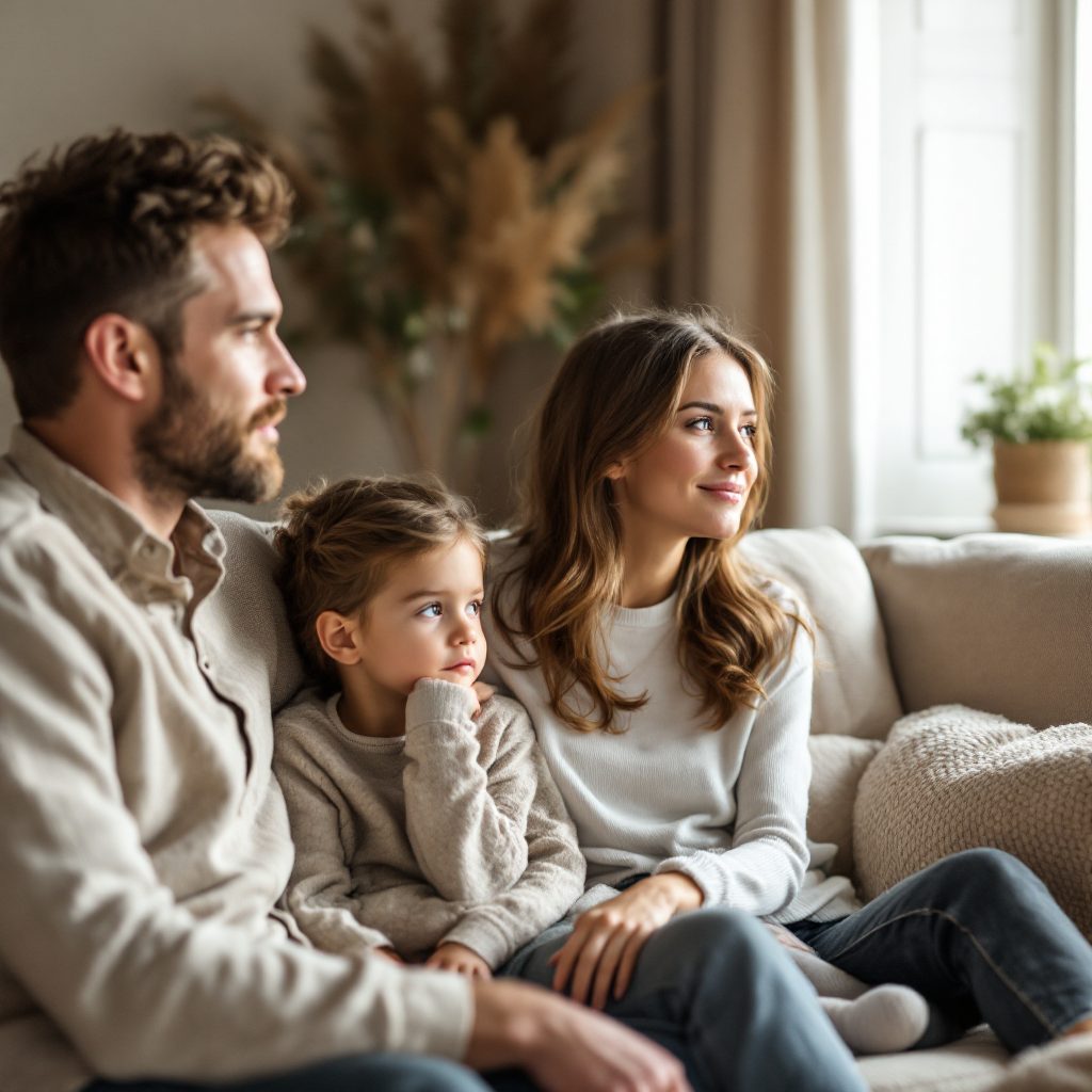 Two adults and a young child sitting close together on a sofa in a bright living room