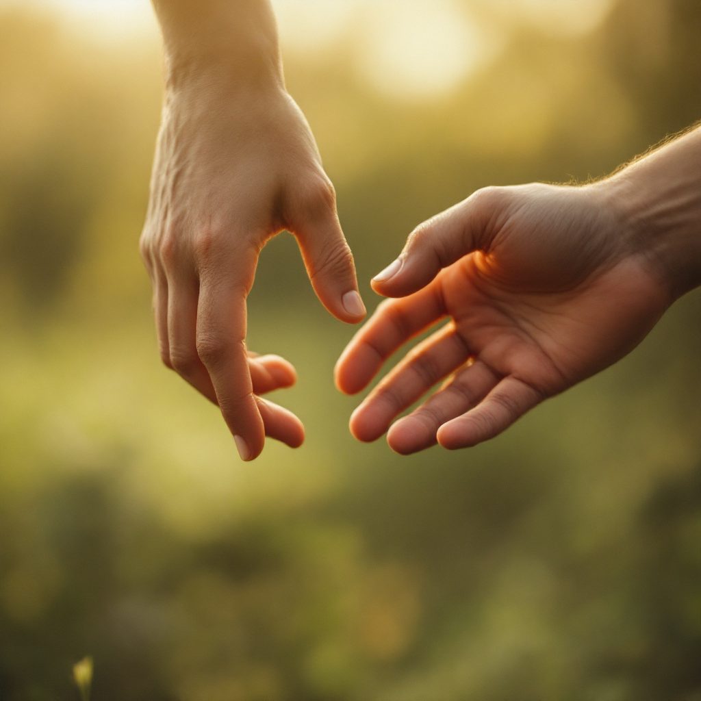 Two hands reaching towards each other in soft sunlight