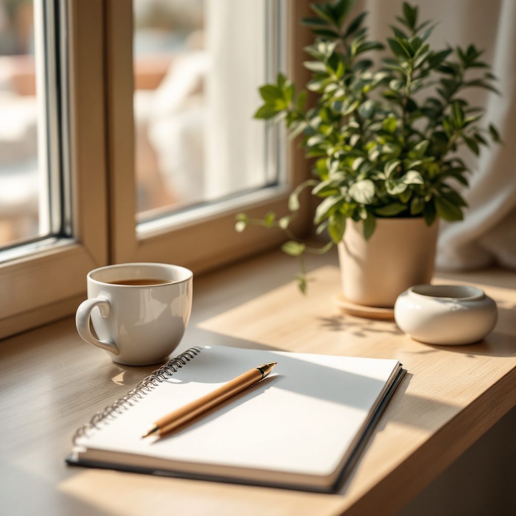 An open notebook and pen beside a cup of tea and a plant on a sunny windowsill