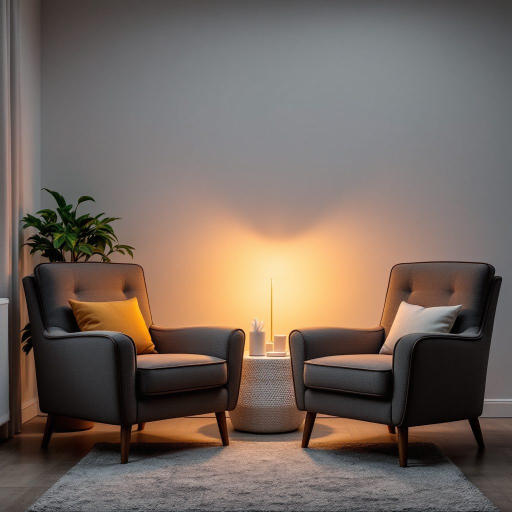 Two grey armchairs side by side in a dimly lit room, with a small side table and a lamp between them